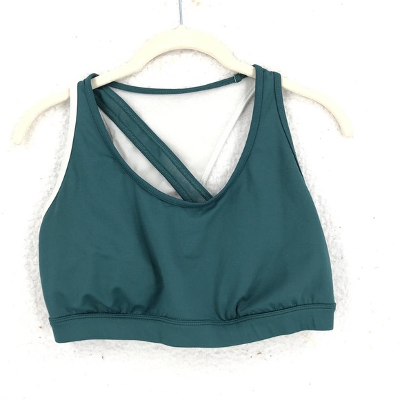 JoyLab Womens Sports Bra L Green White Asymmetrical Mesh Back Pad Insert Stretch - Picture 1 of 4